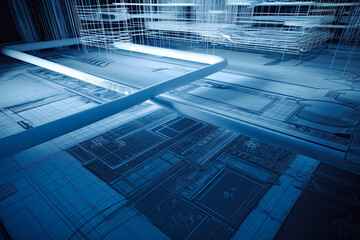 Obraz premium Blueprint for construction project rendered concept. - Generative Ai. - engineering, design, plan, blueprint, building, structure, development, construction site, construction worker, crane.