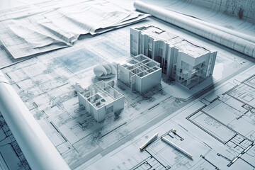 Blueprint for construction project rendered concept. - Generative Ai. -  engineering, design, plan, blueprint, building, structure, development, construction site, construction worker, crane.