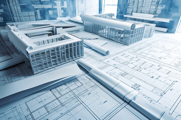 Blueprint for construction project rendered concept. - Generative Ai. -  engineering, design, plan, blueprint, building, structure, development, construction site, construction worker, crane.