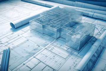 Blueprint for construction project rendered concept. - Generative Ai. -  engineering, design, plan, blueprint, building, structure, development, construction site, construction worker, crane.