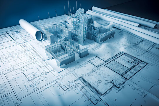 Blueprint for construction project rendered concept. - Generative Ai. -  engineering, design, plan, blueprint, building, structure, development, construction site, construction worker, crane.