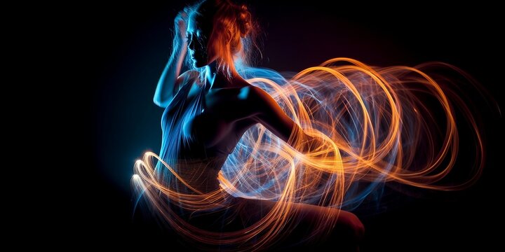 une femme qui danse sur fond noir avec effet de light painting - generative ai