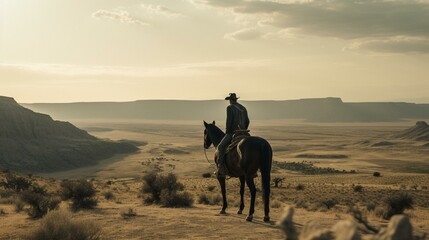 A lone cowboy on horseback overlooking a vast and empty desert Generative AI