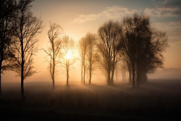 Naklejka na ściany i meble the sun is shining through the trees in the foggy field. generative ai