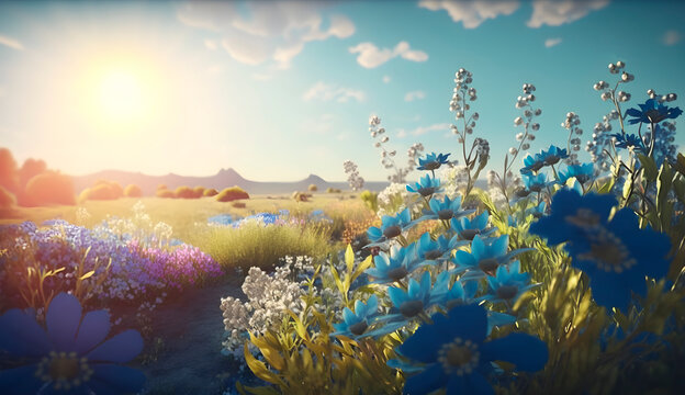 A blooming field of flowers, blue sky and sunshine,pencil environmental art, Spring and summer landscape.