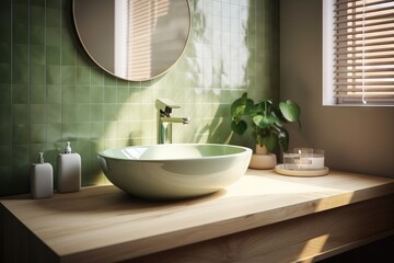 Fototapeta na wymiar a bathroom with a sink and a mirror on the wall. generative ai