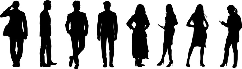 8 Business Personen Silhouetten - 4 Männer 4 Frauen - obrazy, fototapety, plakaty