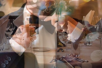 prepared table at restaurant and man in smoking