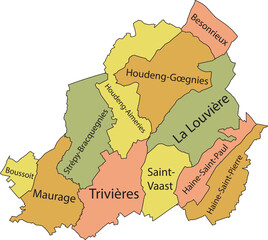 Pastel flat vector administrative map of LA LOUVIÈRE, BELGIUM with name tags and black border lines of its municipalities