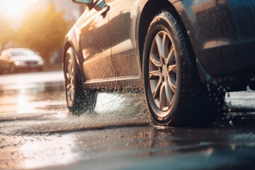 Splashes and underside of a car wheel with selective focus and blurred background. AI generated, human enhanced.