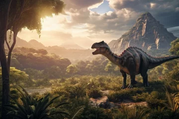 Gordijnen Majestic dinosaur in a fantasy landscape. AI generated, human enhanced © top images