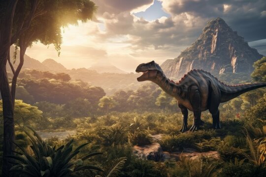 Fototapeta Majestic dinosaur in a fantasy landscape. AI generated, human enhanced