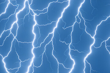 Seamless texture of many Lightning flashes in the night blue sky. Lightning bolts, thunderbolts. Generative AI.