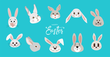 Obraz premium Happy Easter bunnies banner with heads of rabbits and hand drawn lettering text. Set of cute hares in different poses on blue background. For greeting cards, banners, invitation. Vector illustration.