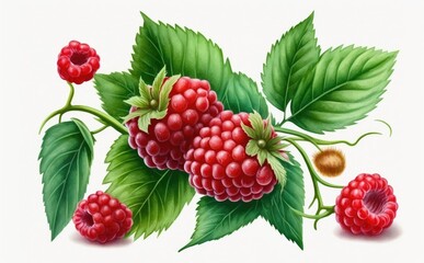 A drawn raspberry on white background watercolor berries organic food illustrations Generative AI