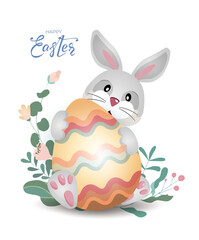 Happy Easter bunny banner with rabbit, egg and hand drawn lettering text. Cute hare in flowers and leaves on white background. For greeting cards, banners, invitation. Vector illustration.