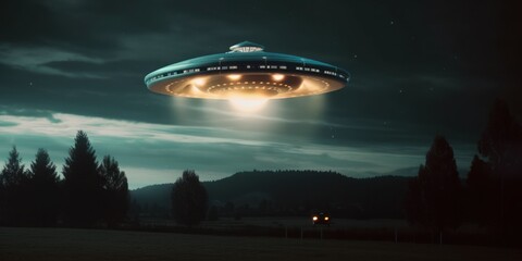 Naklejka na ściany i meble Photorealistic UFO in the sky at night. AI generated, human enhanced