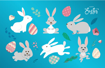 Happy Easter bunnies banner with rabbits, eggs, leaves and flowers. Set of cute hares in different poses on blue background. For greeting cards, banners, invitation. Vector illustration.