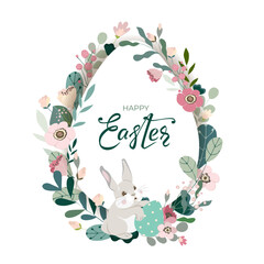 Happy Easter banner with rabbit, hand drawn lettering text and egg frame from color leaves, flowers and eggs on white background. Decorative bunny card for festive invitation. Vector illustration.