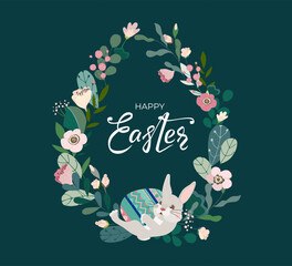 Happy Easter banner with rabbit, hand drawn lettering text and egg frame from color leaves, flowers and eggs on dark background. Decorative bunny card for festive invitation. Vector illustration.