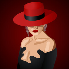Elegant Lady in Red Hat and Black Dress vector