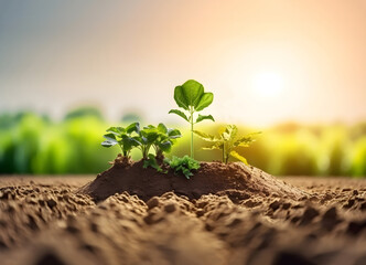 The seedlings growing from the rich soil to the morning sunlight, ecological agriculture concept. Generative AI