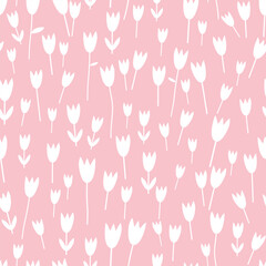 Floral seamless pattern. Blooming tulips on pink background. Vector illustration. It can be used for wallpapers, wrapping, cards, patterns for clothes and other.