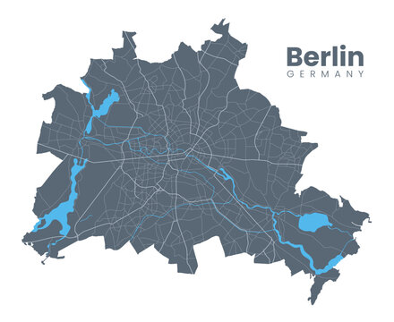 Detailed map of Berlin - the capital of Germany - Urban borders map. Dark fill version of City poster with streets.