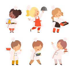 Little Boy and Girl Chef in White Toque and Jacket Holding Tray with Appetizing Dish Vector Set