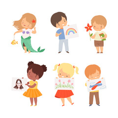Little Boy and Girl Showing Drawing or Handcrafted Item Vector Illustration Set