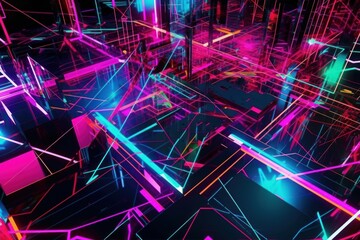 Chaos Illuminated: Neon Geometric Traces in Abstract Background, Generative AI