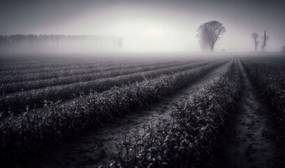  a black and white photo of a foggy farm field.  generative ai