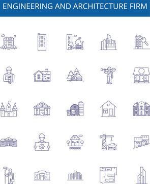 Engineering and architecture firm line icons signs set. Design collection of Engineering, Architecture, Firm, Consulting, Structural, Design, Construction, Facility outline concept vector
