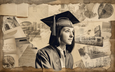 Monochrome image of a graduate with a cap, surrounded by scattered papers and cityscapes, depicting academic achievements and future ambitions.