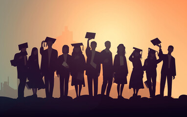 Silhouetted graduates celebrating with raised diplomas against a vibrant orange sunset, marking their achievement.
