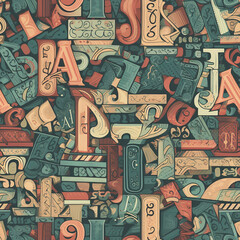 Seamless jumble of typographical elements, numbers, and vintage objects, suitable for unique backgrounds or retro designs.