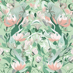 Seamless floral pattern in soft green tones showcasing blossoming flowers and detailed foliage, perfect for serene and elegant designs.