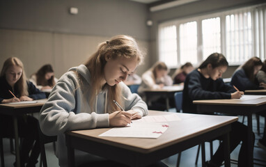 Obraz premium Students in a classroom setting, deeply focused on writing their assignments with one female student in the foreground.
