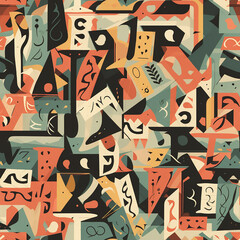 Seamless geometric pattern with abstract shapes and symbols, great for dynamic backgrounds or contemporary designs.