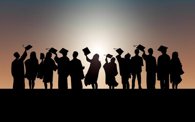 Silhouette of a group of graduates wearing caps and gowns, celebrating their achievement against a backdrop of a setting sun.