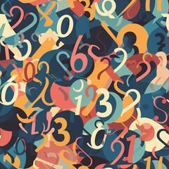 Seamless colorful pattern of numbers and letters intertwined in a dynamic flow, great for modern educational materials.