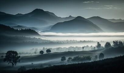  a black and white photo of a foggy mountain range.  generative ai