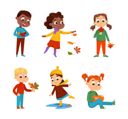 Cute Little Girl and Boy with Autumn Leaves Enjoying Fall Season Walking Outdoor Vector Set