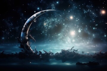 Naklejka na ściany i meble a painting of a crescent moon in the night sky with stars. generative ai