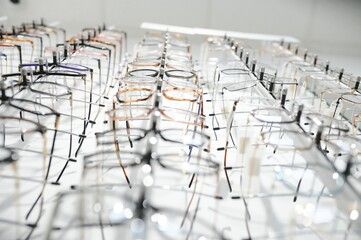Image of glasses showcase at the modern optic shop, nobody