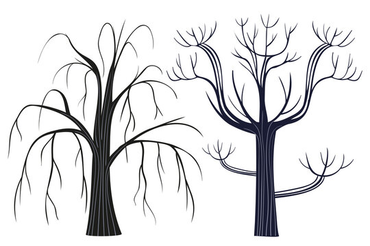set of retro images of a black silhouette of a tree without leaves and with kori decor, old trees, Halloween holiday element, cards, banners, wallpapers, holidays