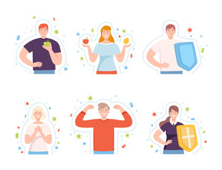 Young Male and Female with Invisible Barrier for Pathogen and Germs Vector Illustration Set