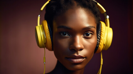 Beautiful young brunette woman in big headphones headset listening to music and smiling. Banner with copy space generative ai