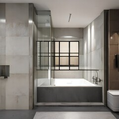 A industrial bathroom with a Jacuzzi tub, exposed pipes, and a concrete floor3, Generative AI