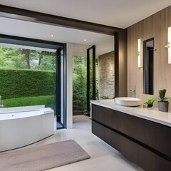 A serene and modern bathroom with a Jacuzzi tub that overlooks a beautiful garden1, Generative AI